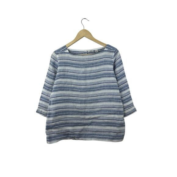 LL Bean Small Linen Top Striped 3/4 Sleeve Pullover White Blue Nautical Womens - Picture 1 of 14